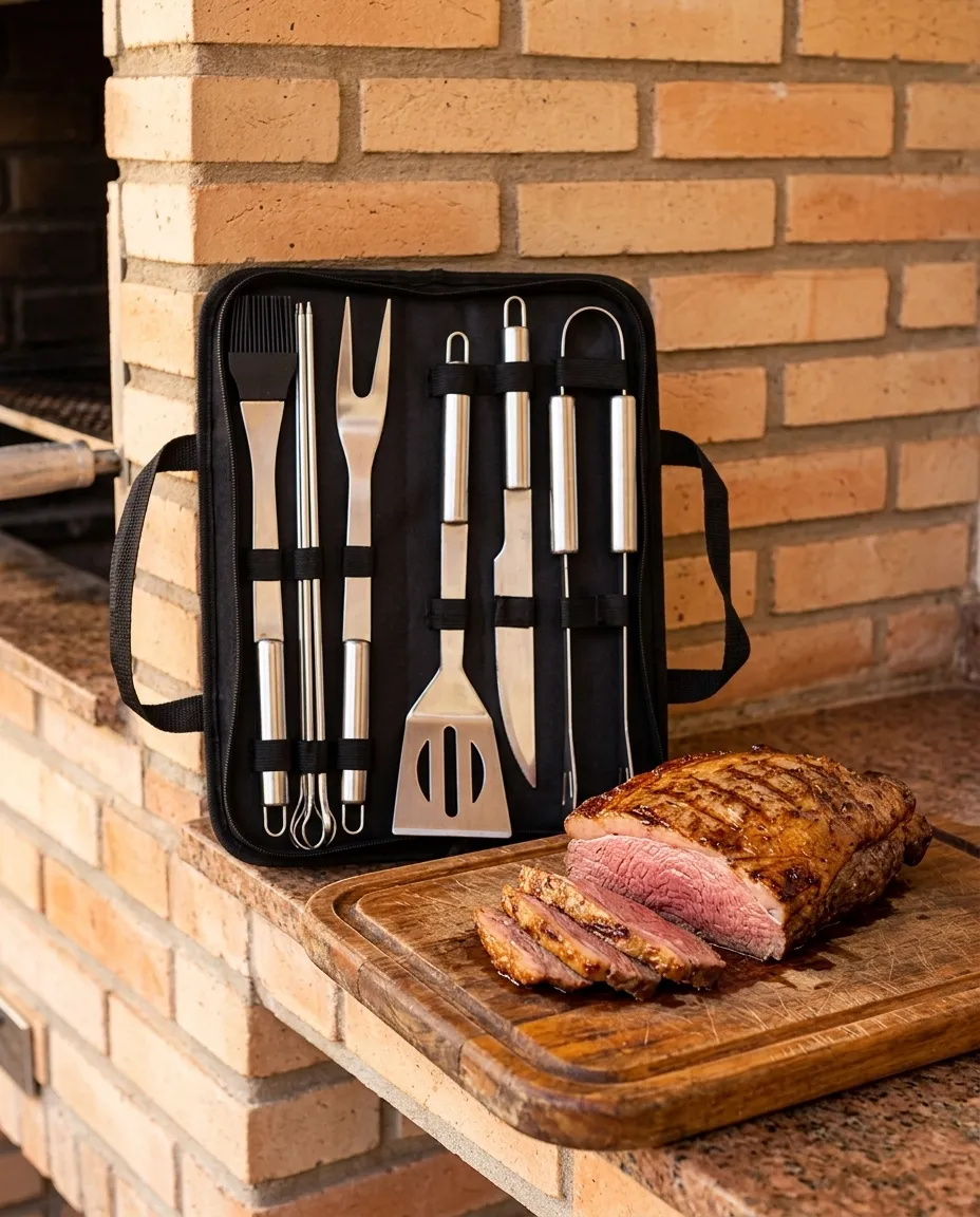 Kit Churrasco 9 Peças Inox com Bolsa